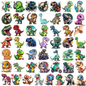 Feuilles de tatouages éphémères dinosaures rigolos avec de nombreux motifs colorés de T-Rex, tricératops, bébés dinosaures et créatures préhistoriques, style amusant pour enfants