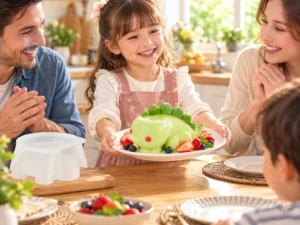 Fillette servant un pudding dinosaure réalisé avec un moule en silicone lors d'un moment familial en cuisine
