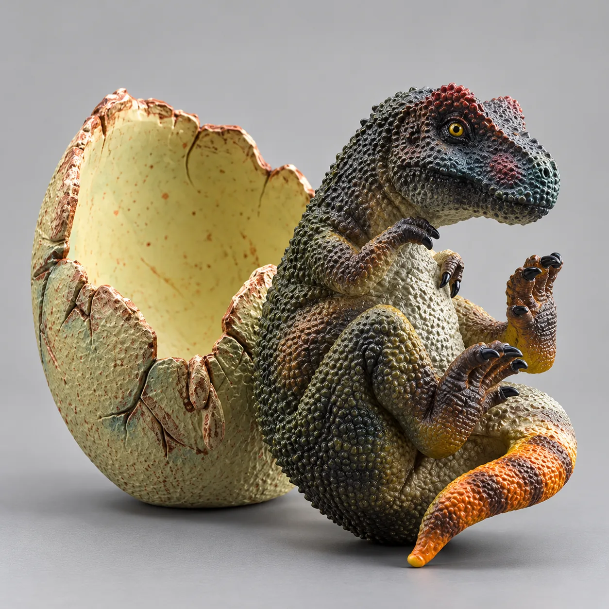 Figurine 3D de bébé Tyrannosaure Rex sortant de son œuf fissuré, avec écailles réalistes, yeux jaunes et queue orangée, sur fond gris clair.