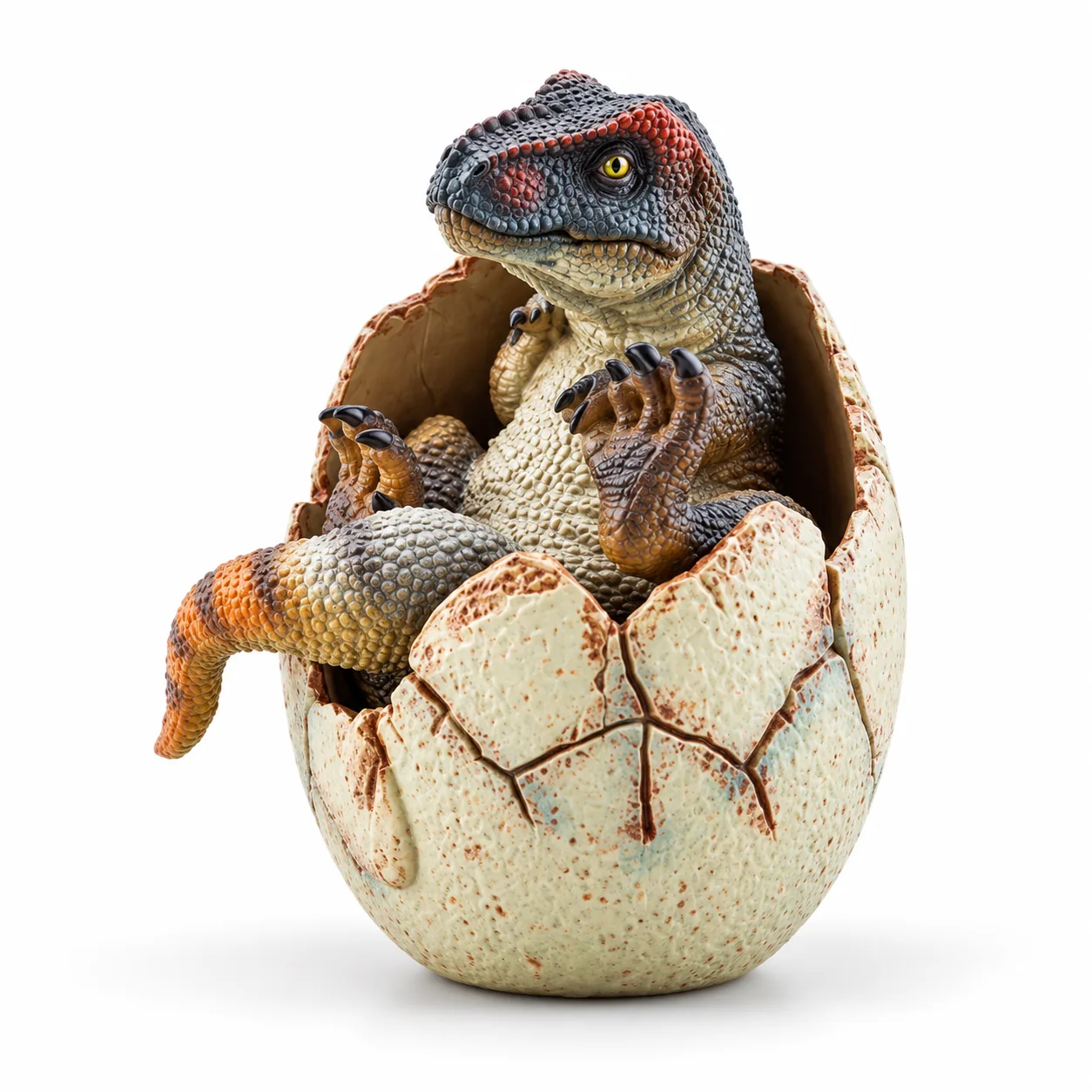 Figurine 3D réaliste de bébé Tyrannosaure Rex sortant d'un œuf de dinosaure fissuré, avec écailles détaillées, yeux jaunes et coquille texturée.