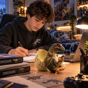 Figurine œuf de dinosaure bébé T-Rex en 3D réaliste posée sur le bureau d'un adolescent de 16 ans étudiant dans sa chambre décorée sur le thème des dinosaures.