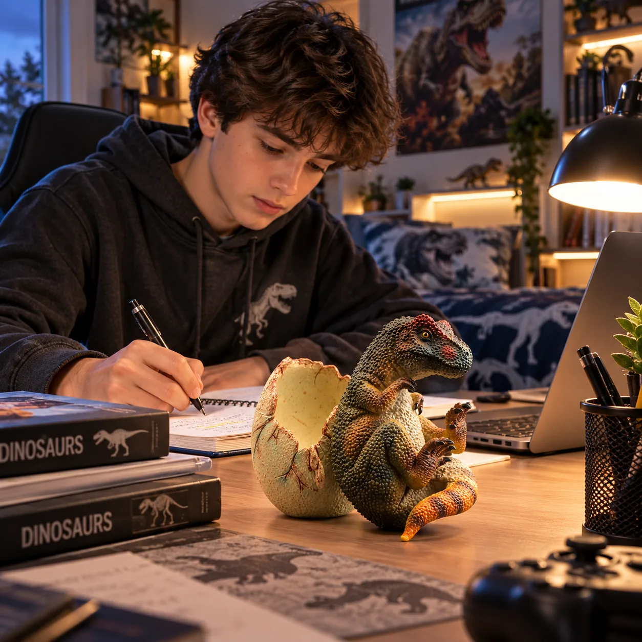 Figurine œuf de dinosaure bébé T-Rex en 3D réaliste posée sur le bureau d'un adolescent de 16 ans étudiant dans sa chambre décorée sur le thème des dinosaures.