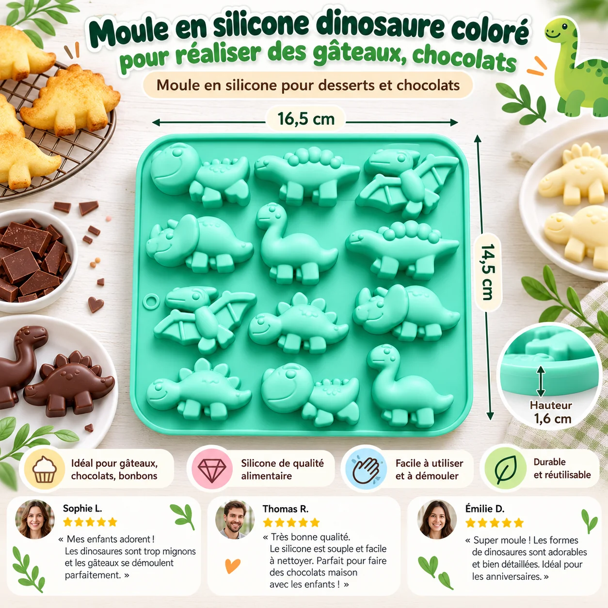 Moule en silicone dinosaure coloré pour réaliser des gâteaux, chocolats et desserts maison