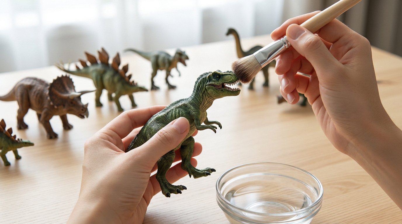 Une personne nettoie une figurine de dinosaure vert à l'aide d'un pinceau doux sur une table en bois.