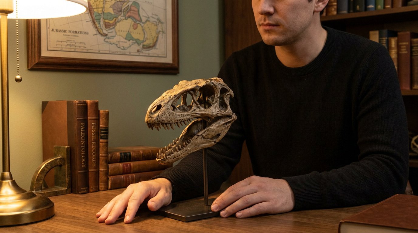 Un homme examine une réplique de crâne de dinosaure sur un bureau avec des livres anciens et une carte en arrière-plan.