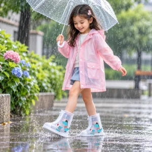 Petite fille portant des couvre-chaussures de pluie dinosaure bleu sous un imperméable pendant une promenade sous la pluie