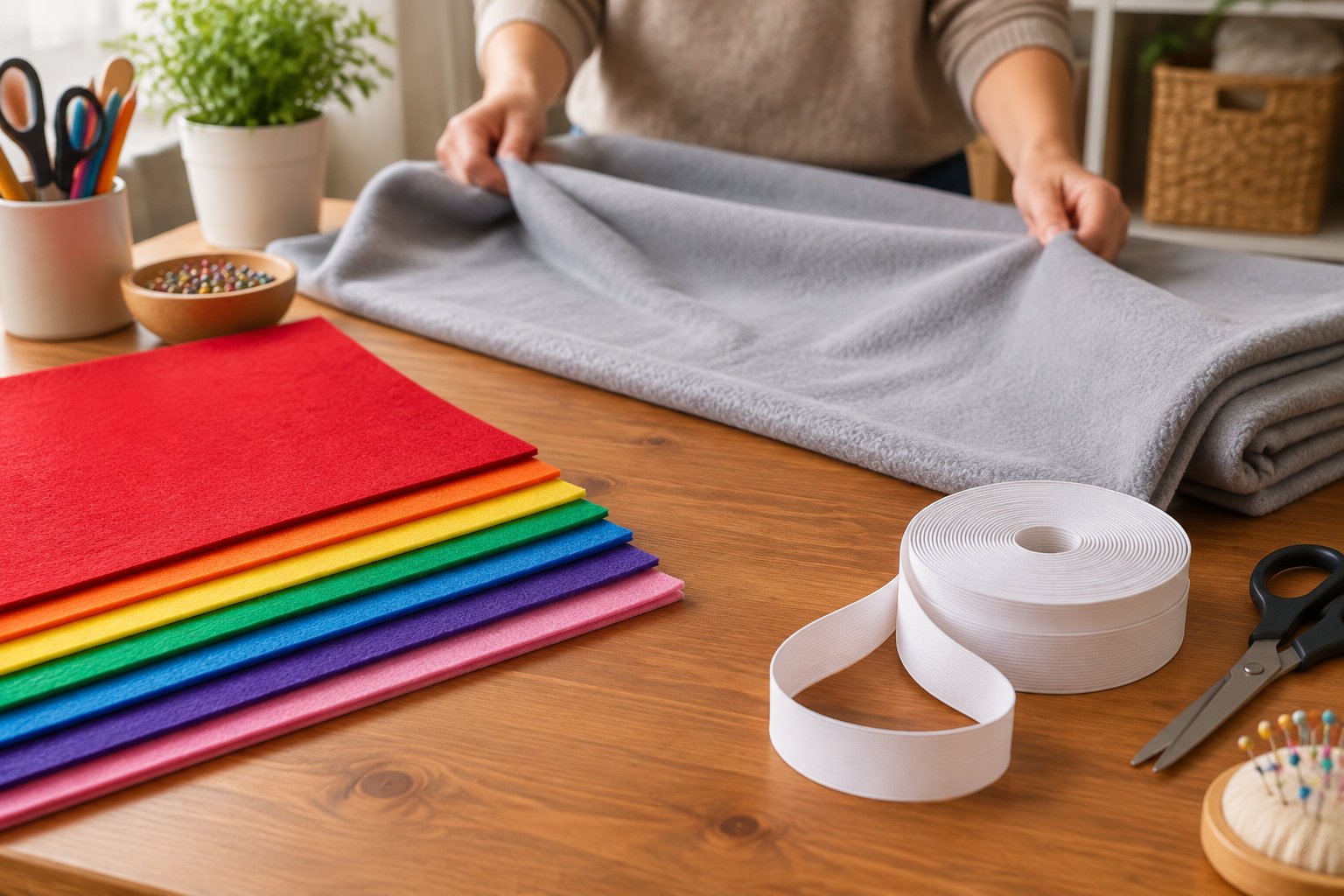 Une personne étale un tissu gris sur une table en bois, entourée de feuilles de feutrine colorées, d’un rouleau de ruban, de ciseaux et de matériel de couture.