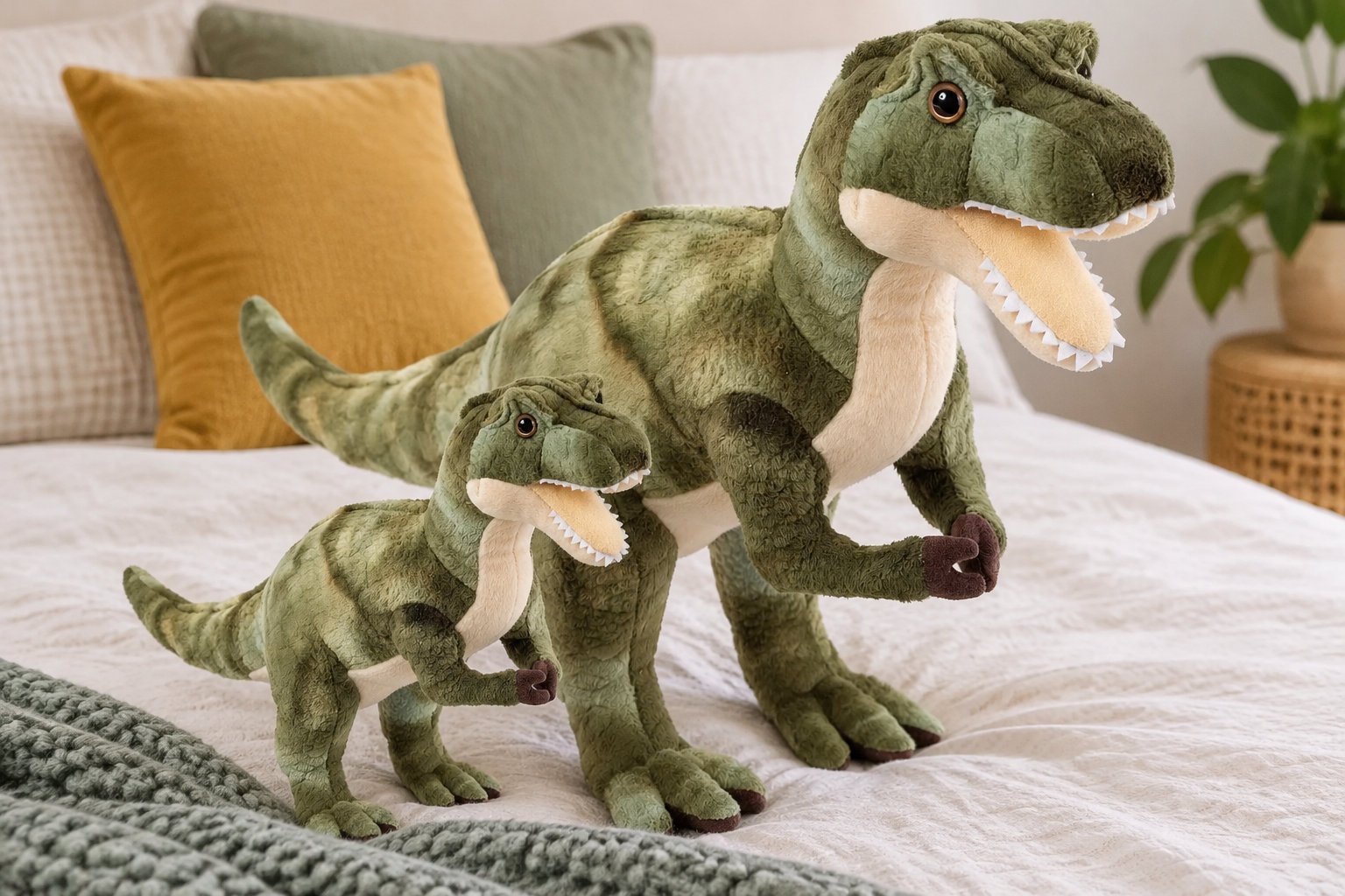 Deux peluches de dinosaures verts sont posées sur un lit, avec des coussins et une plante en arrière-plan.