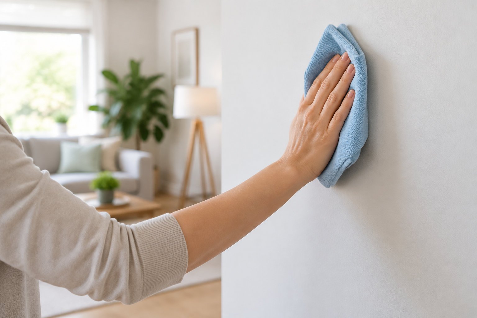 Une personne essuie un mur avec un chiffon bleu dans un salon lumineux.