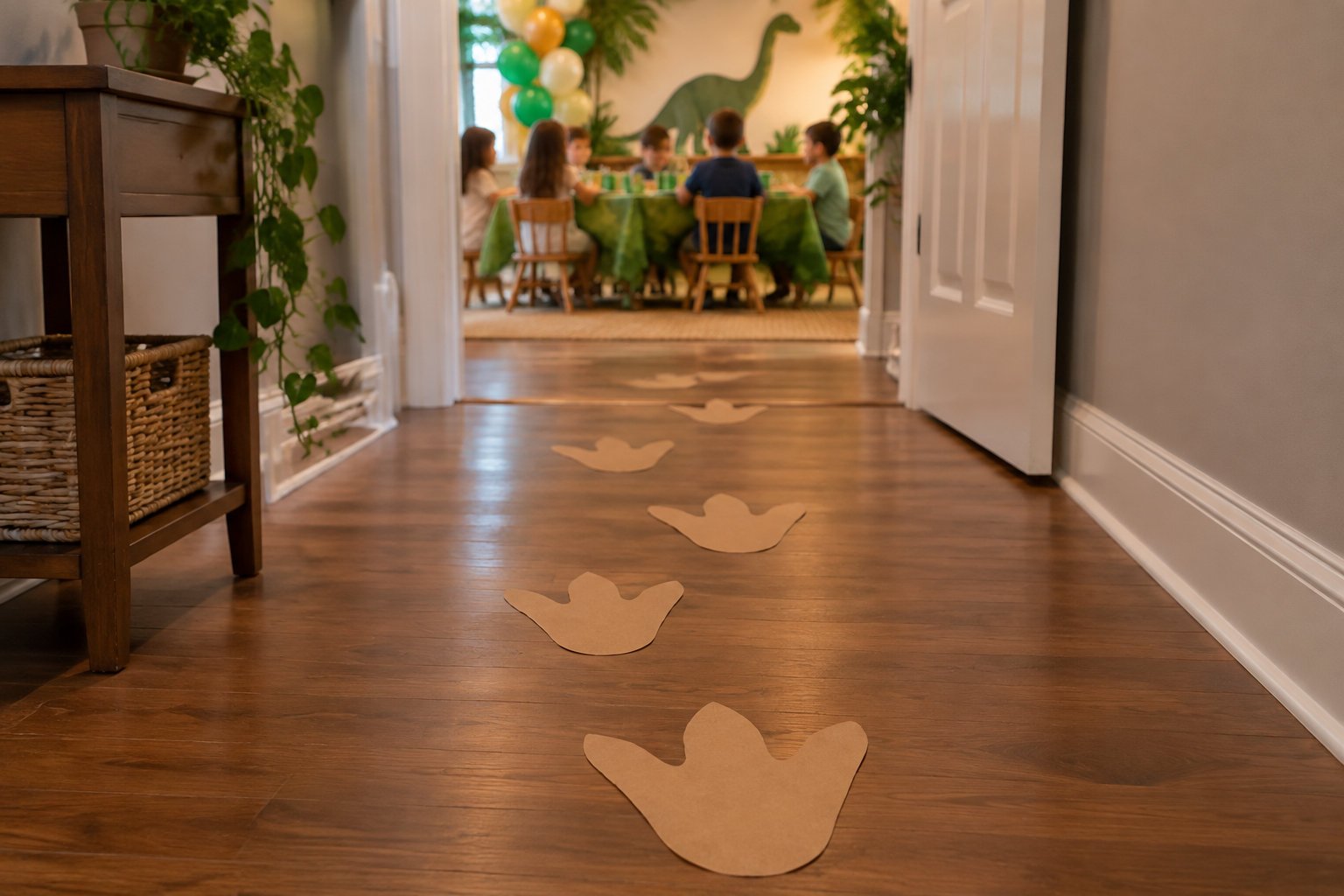 Des empreintes en papier sont disposées sur le sol d’un couloir et mènent vers une pièce où plusieurs personnes sont assises autour d’une table décorée de ballons verts et jaunes.