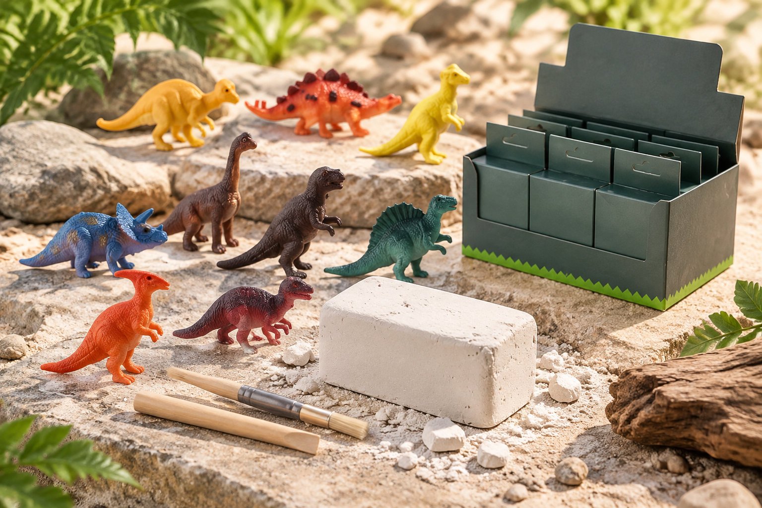 Des figurines de dinosaures colorées sont disposées sur un sol rocheux, près d’un bloc de plâtre, de pinceaux et d’un présentoir en carton.