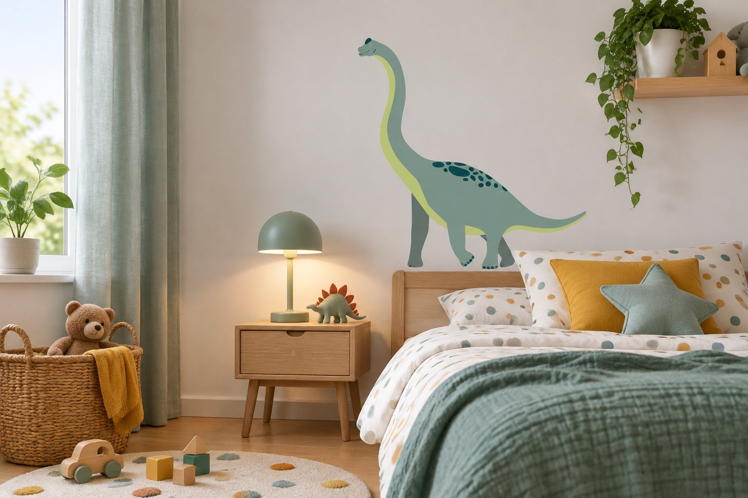 Une chambre d’enfant décorée sur le thème des dinosaures, avec un lit, une fresque de dinosaure, une lampe, des jouets et un ours en peluche dans un panier.