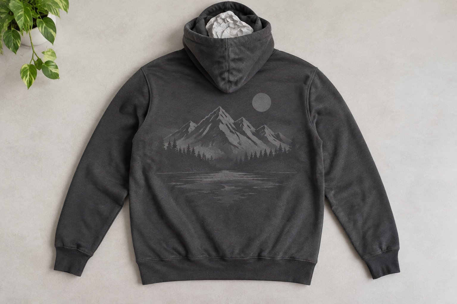 Un sweat à capuche gris foncé, orné d’un paysage de montagnes, de sapins et d’un lac, est posé à plat sur un fond clair près d’une plante.