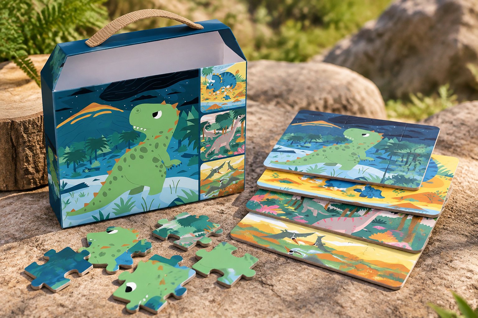 Une boîte illustrée d’un dinosaure vert, des planches de jeu illustrées et plusieurs pièces de puzzle sont disposées sur une pierre en plein air.