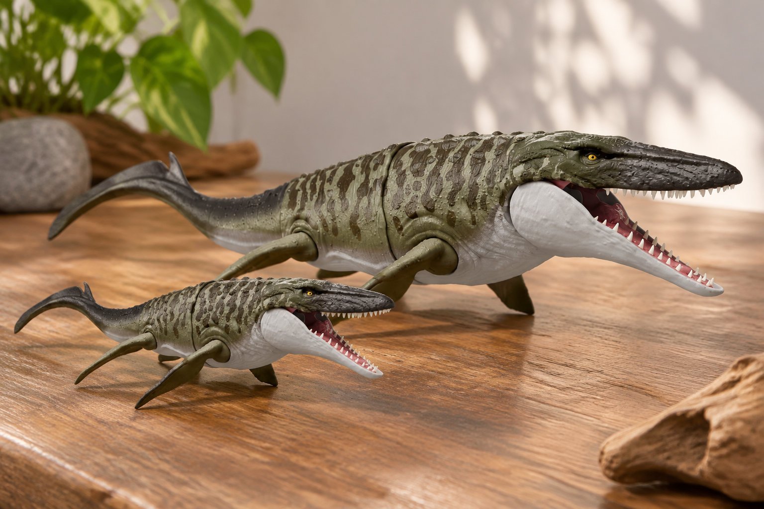 Deux figurines de reptiles marins au corps tacheté et à la gueule ouverte sont posées sur une table en bois, près d’une plante et de pierres.