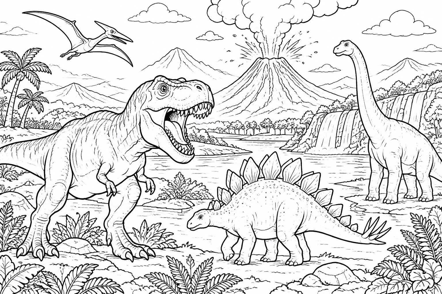 Un dessin en noir et blanc montre plusieurs dinosaures près d’un lac, avec des cascades, des volcans en éruption, des plantes et un reptile volant.