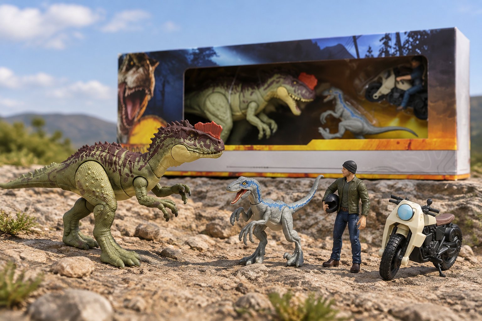 Deux figurines de dinosaures, un personnage et une moto sont disposés sur un terrain rocailleux devant une grande boîte illustrée de dinosaures.