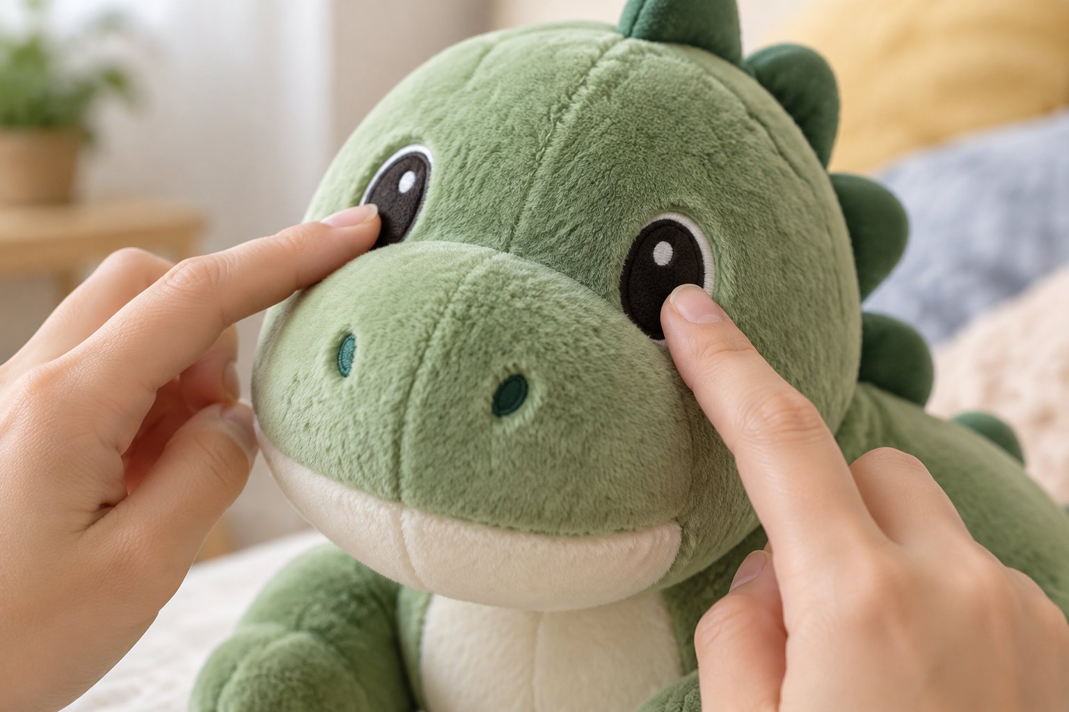 Deux mains touchent les yeux d’une peluche verte en forme de dinosaure, posée sur un lit.