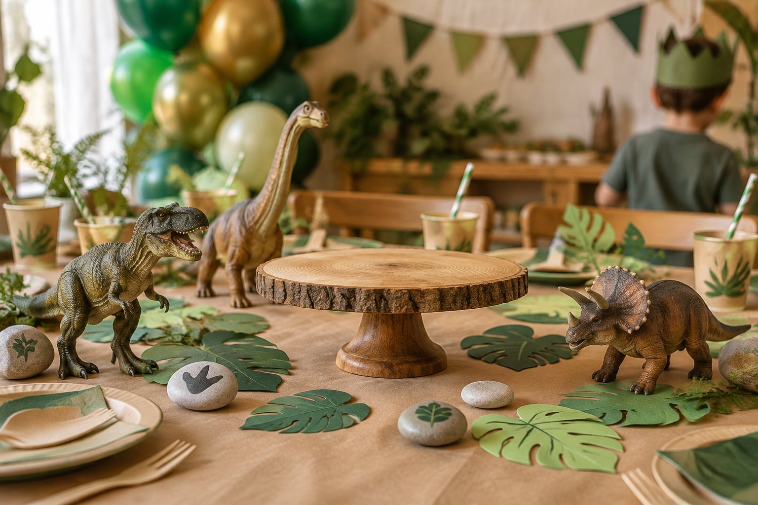 Une table de fête décorée de ballons verts et dorés, de feuilles tropicales et de figurines de dinosaures, avec un enfant portant une couronne en arrière-plan.