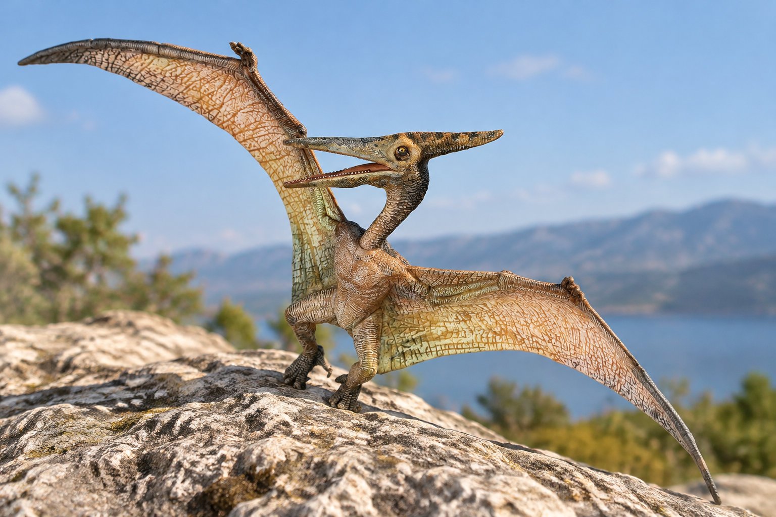Un ptérosaure aux ailes déployées se tient sur un rocher, avec un lac et des montagnes en arrière-plan.