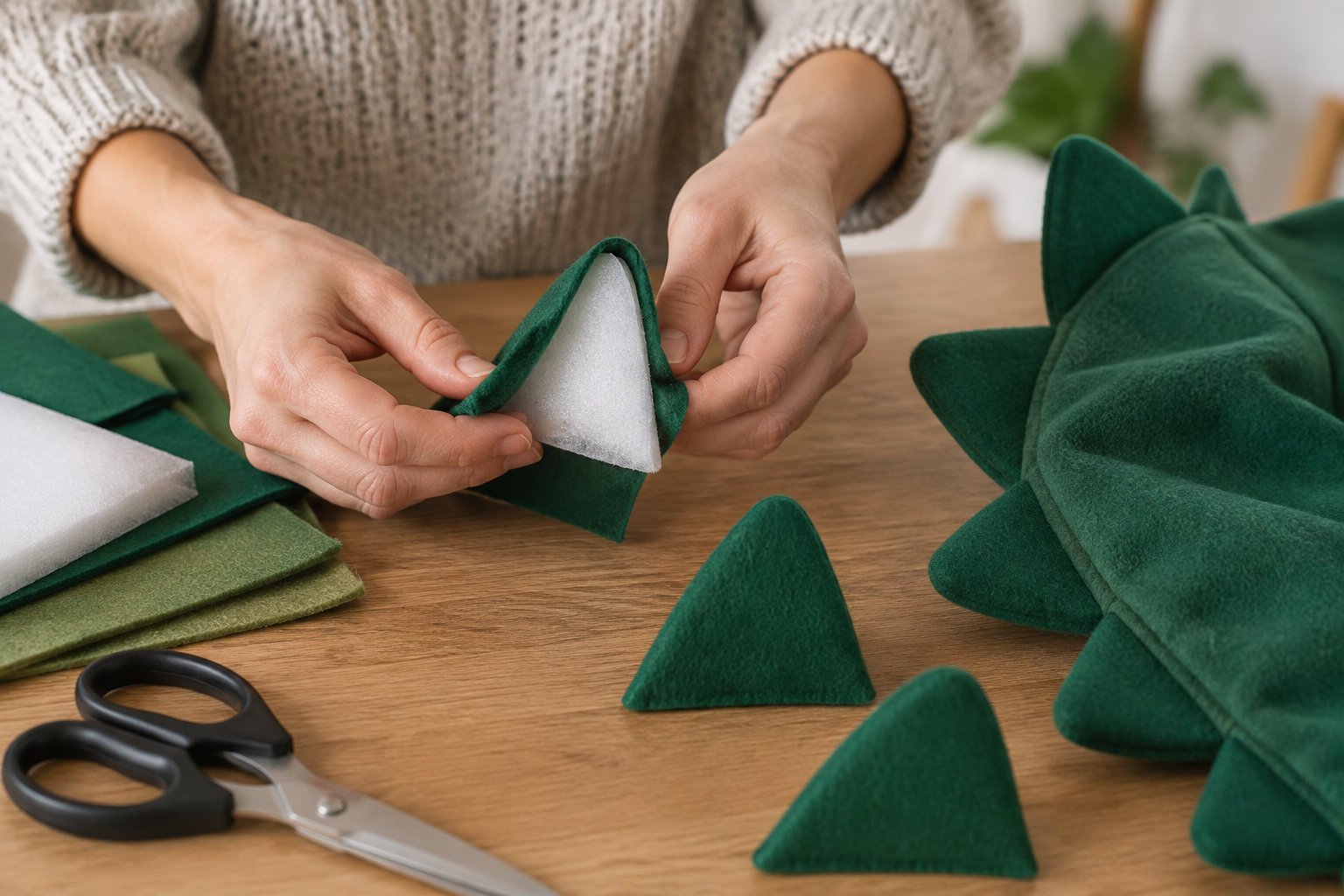 Des mains assemblent une pièce de feutrine verte autour d’un triangle de mousse sur une table en bois, avec des ciseaux et des morceaux de feutrine à proximité.