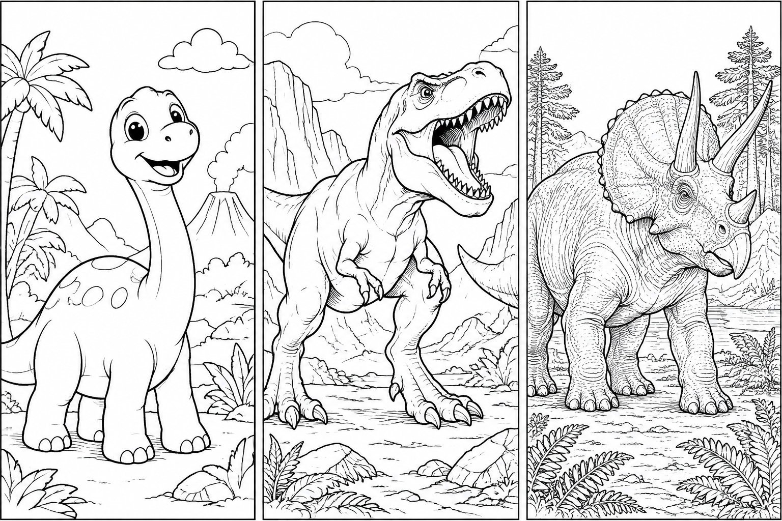 Une page de coloriage en trois cases montre un jeune dinosaure au long cou près d’un volcan, un tyrannosaure aux mâchoires ouvertes et un tricératops dans une forêt.