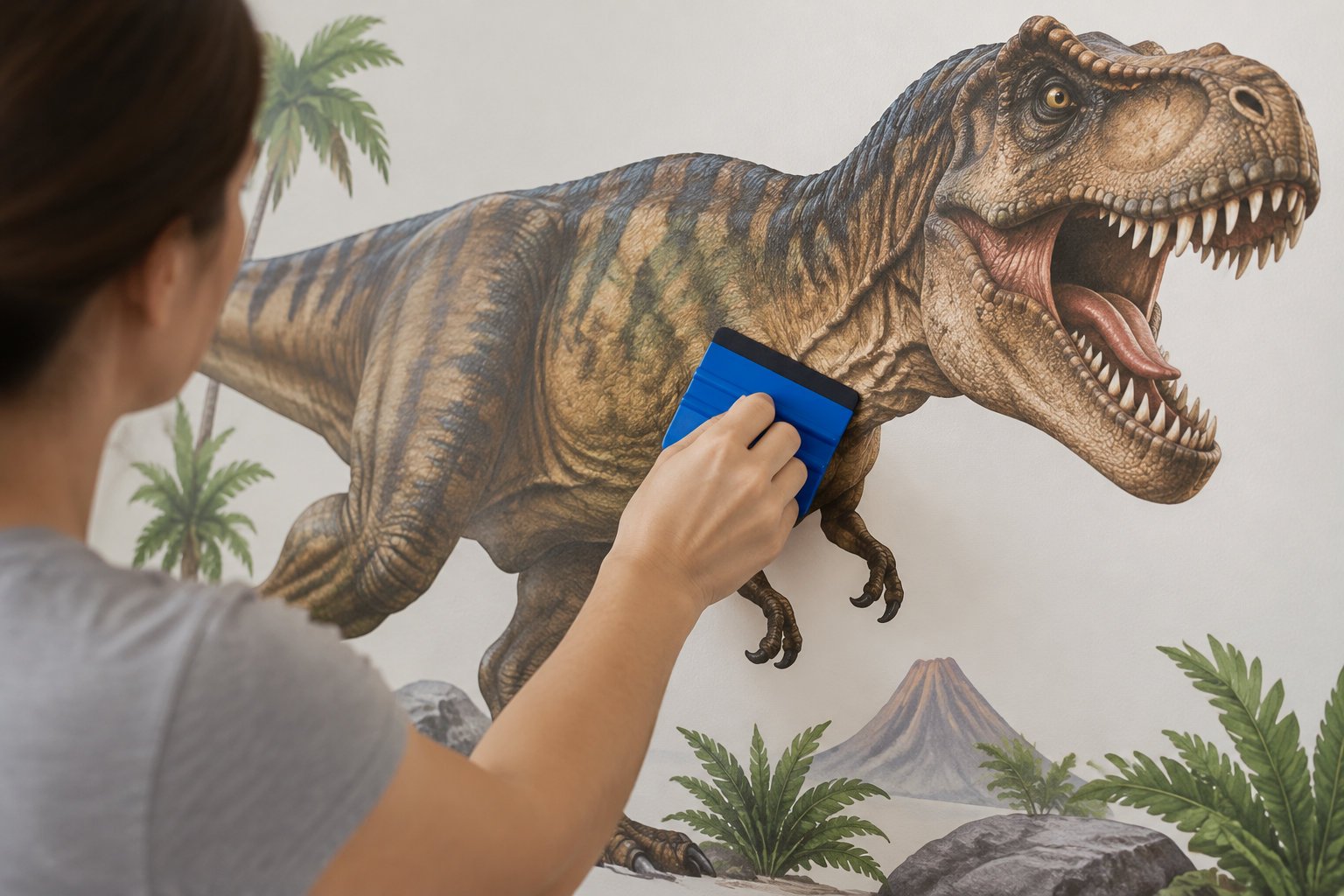 Une personne utilise une raclette bleue sur une grande illustration murale représentant un tyrannosaure dans un décor préhistorique.