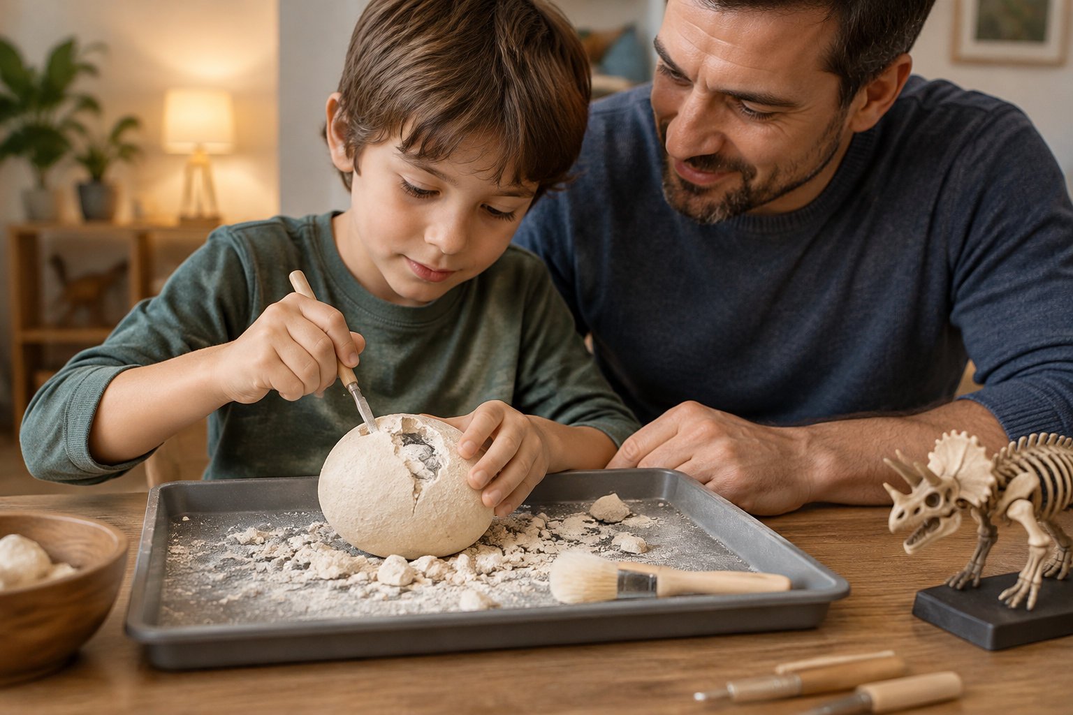 Un garçon gratte avec un outil une coque en forme d’œuf fossile au-dessus d’un plateau, tandis qu’un homme l’observe et qu’un squelette de dinosaure miniature est posé sur la table.