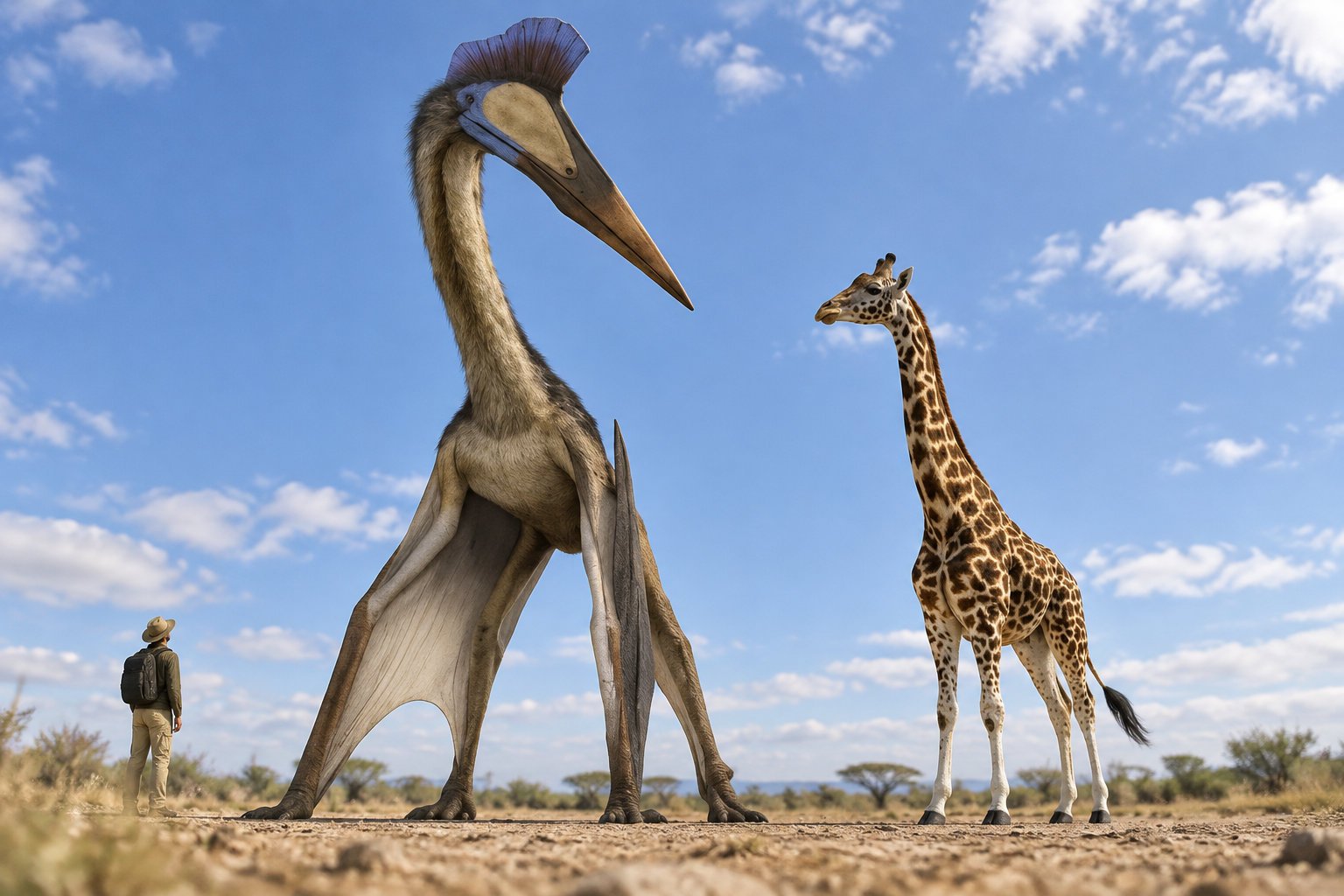 Une personne munie d’un sac à dos se tient près d’un très grand oiseau au long bec et d’une girafe, dans un paysage de savane sous un ciel nuageux.
