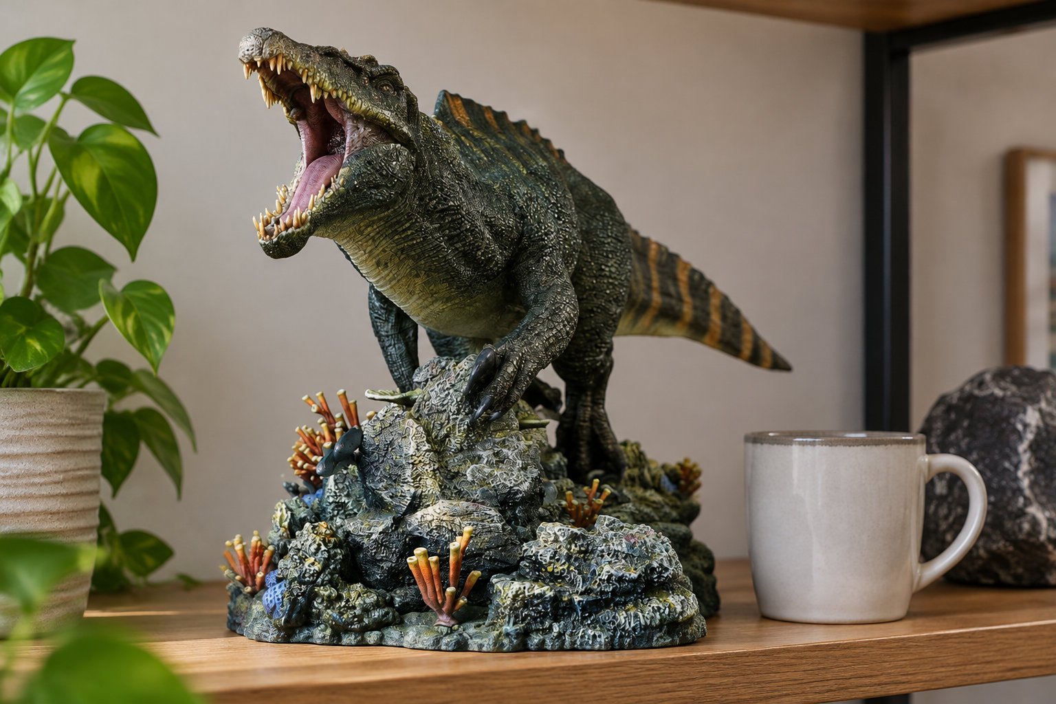 Une figurine de dinosaure à la gueule ouverte se tient sur un socle rocheux, près d’une tasse et d’une plante posées sur une étagère.