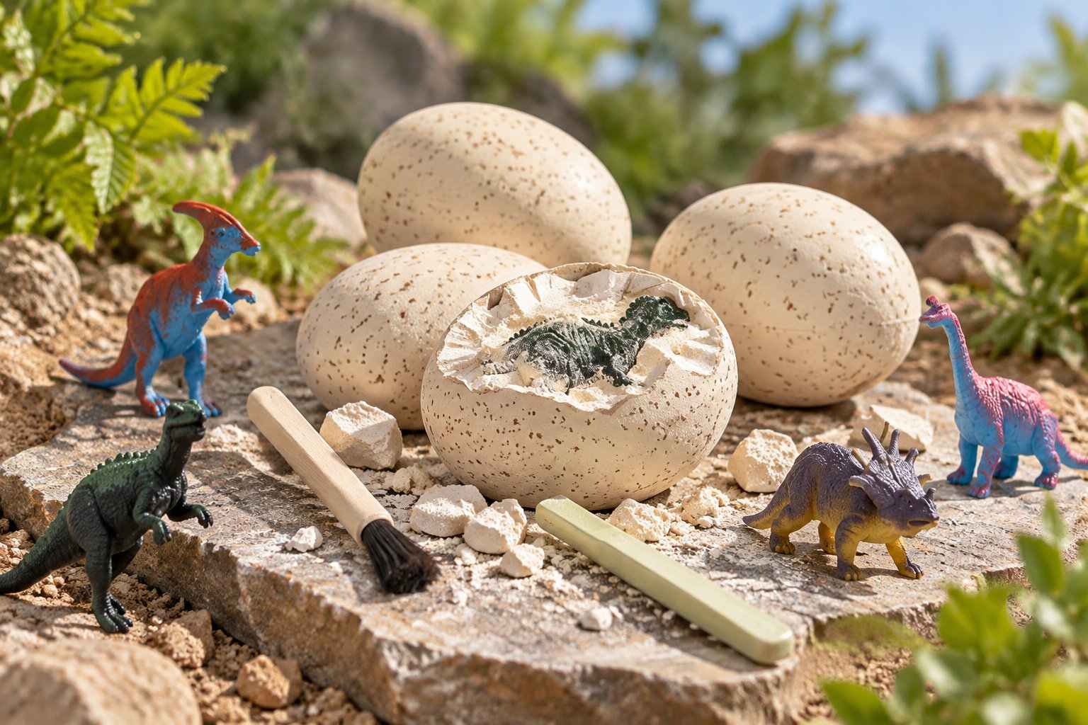 Plusieurs œufs tachetés, dont un cassé laissant apparaître une petite figurine de dinosaure, sont entourés de dinosaures jouets et d’outils sur une dalle de pierre en extérieur.