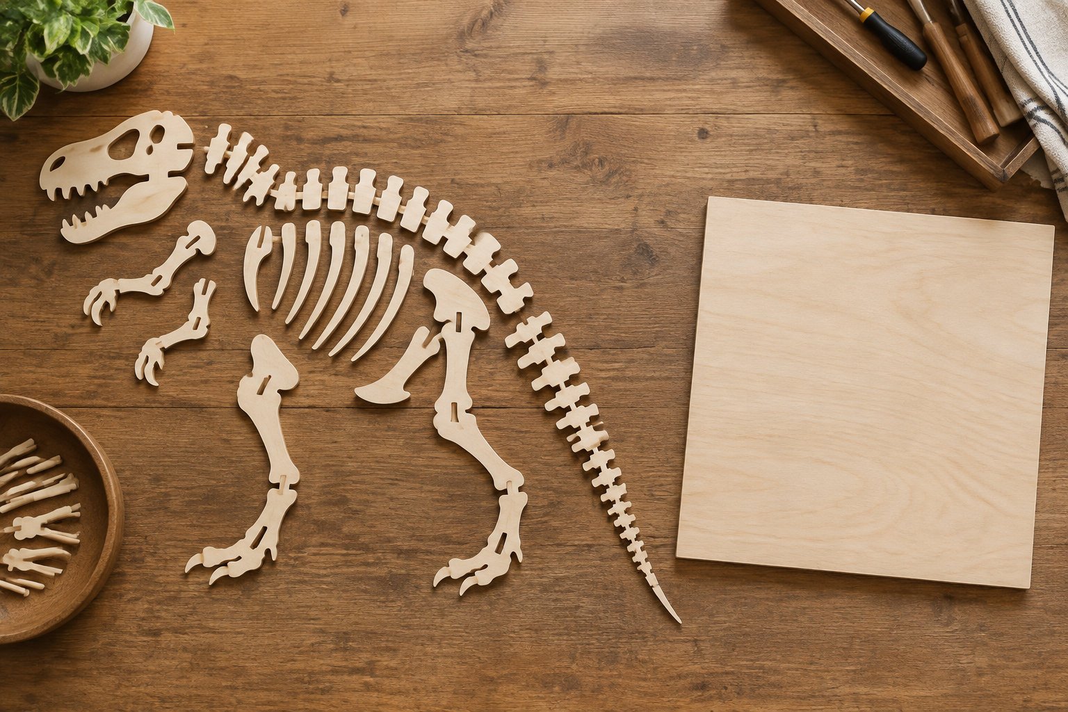 Un squelette de dinosaure en pièces de bois est disposé sur une table à côté d’une planche vierge, avec des outils et une plante en bordure.