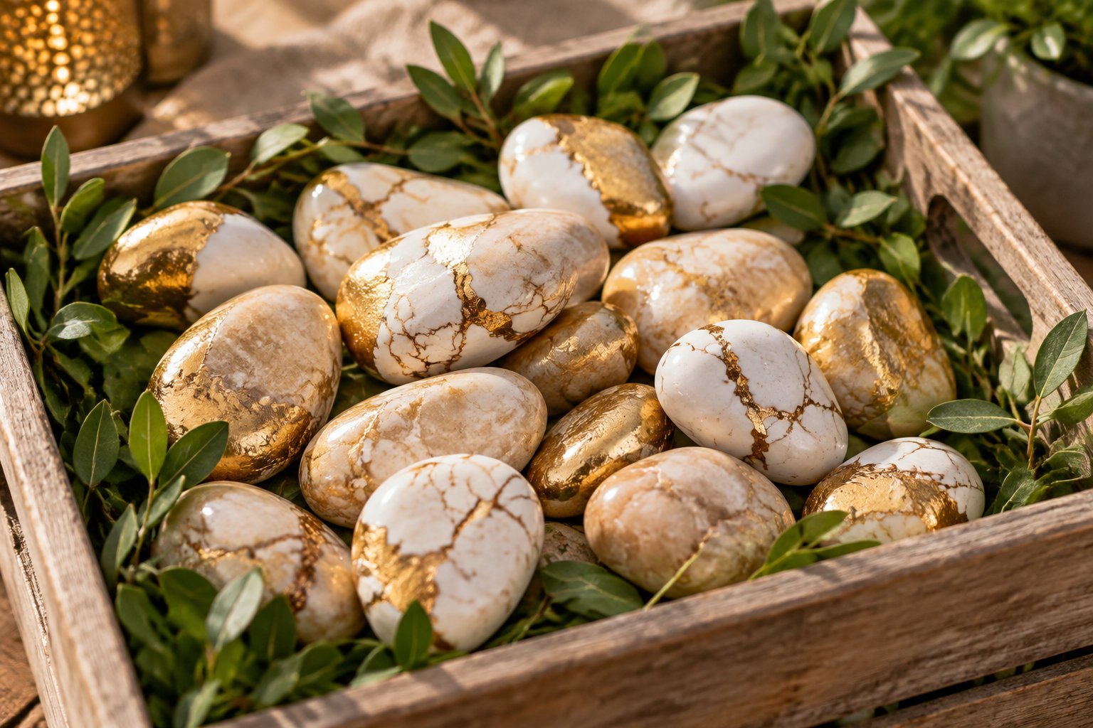 Des œufs blancs décorés de motifs dorés sont disposés dans une caisse en bois garnie de feuilles vertes.