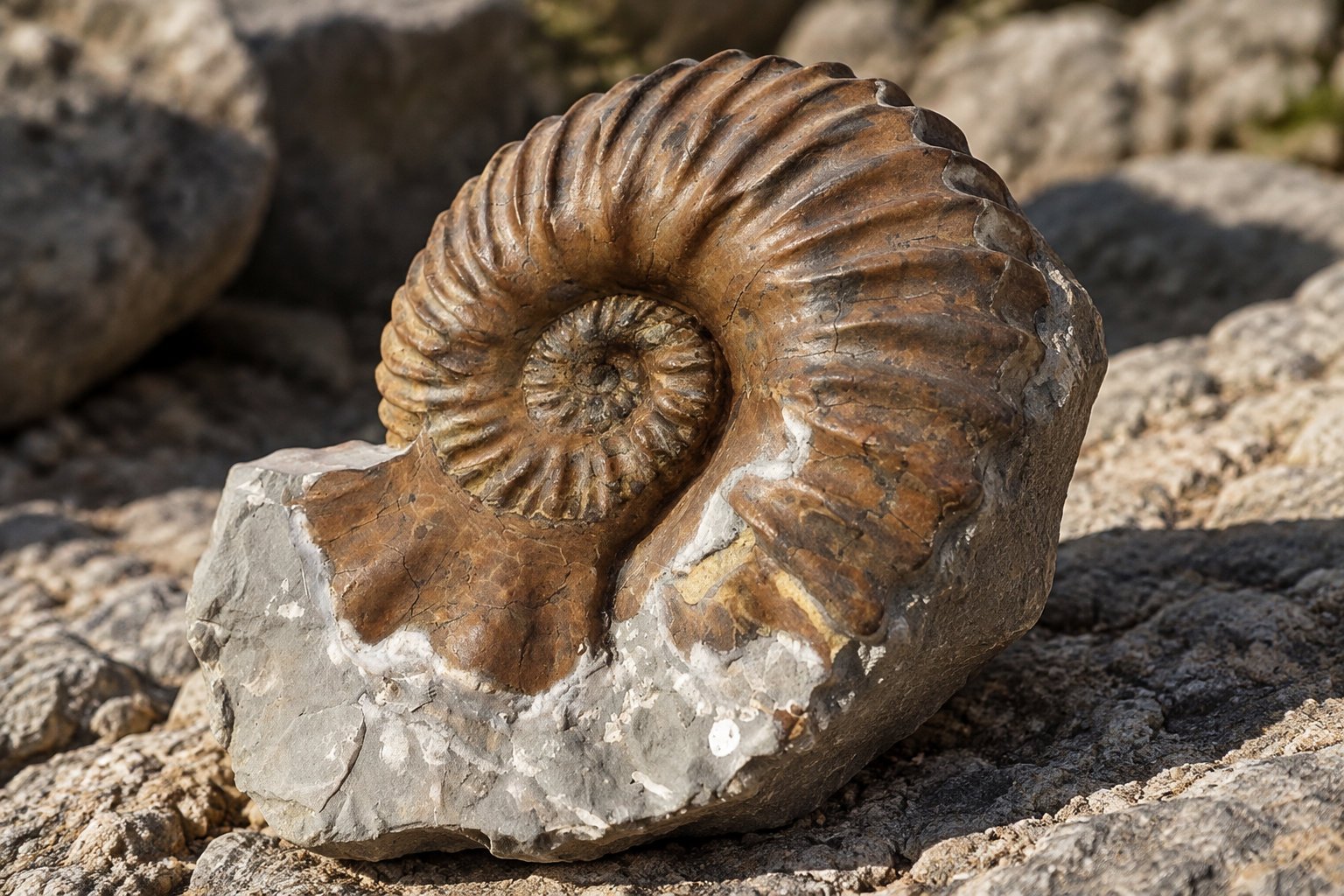 Un fossile d’ammonite brun est incrusté dans une roche claire, posé parmi des pierres.