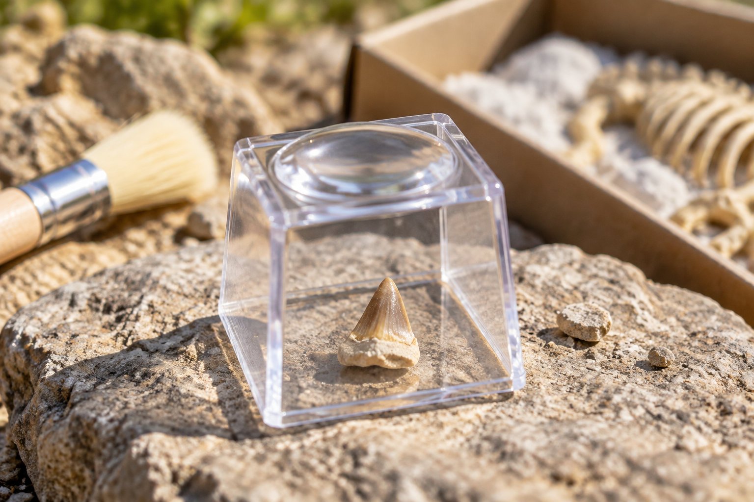 Une petite dent fossilisée est exposée sous une cloche transparente sur une roche, près d’un pinceau et d’une boîte contenant des fossiles.
