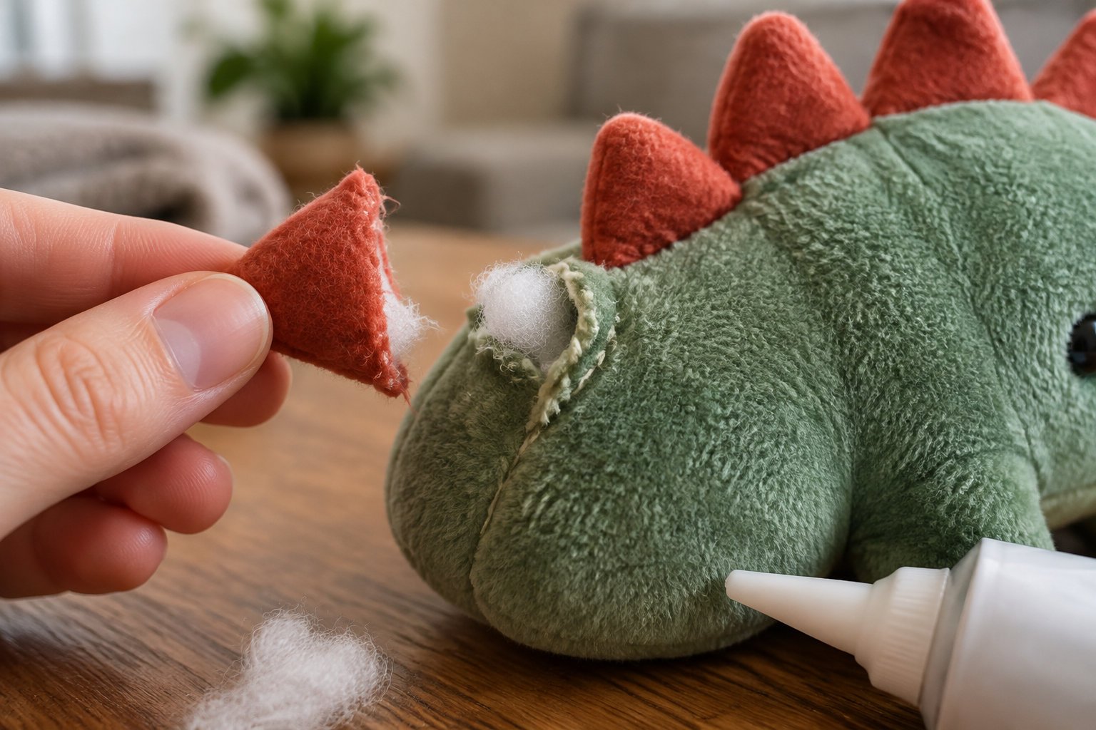 Une main tient une pointe rouge détachée d’une peluche de dinosaure verte, dont le tissu est déchiré, tandis qu’un tube de colle repose sur la table.