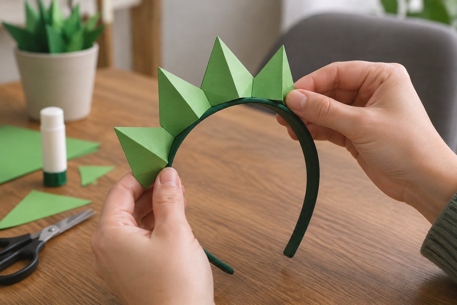 Deux mains fixent des triangles de papier vert sur un serre-tête, sur une table en bois avec des ciseaux et des fournitures de bricolage.