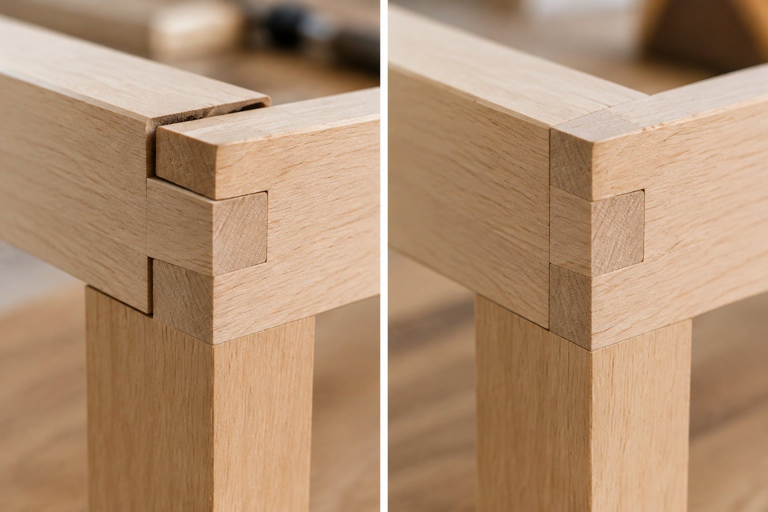 Deux vues rapprochées d’un assemblage de pièces de bois à tenon et mortaise, posé sur un montant vertical.