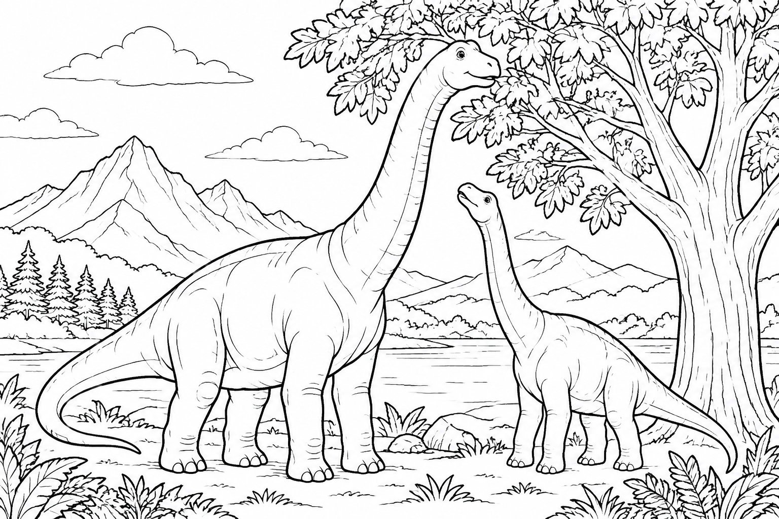 Un grand dinosaure au long cou se tient près d’un plus petit, au bord d’un lac entouré d’un arbre, de végétation et de montagnes.