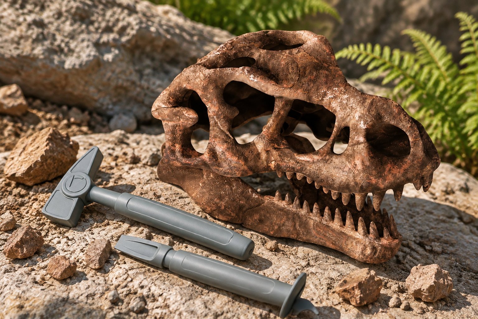 Un crâne fossilisé de dinosaure repose sur un sol rocheux, près de deux outils de fouille, avec des fougères en arrière-plan.