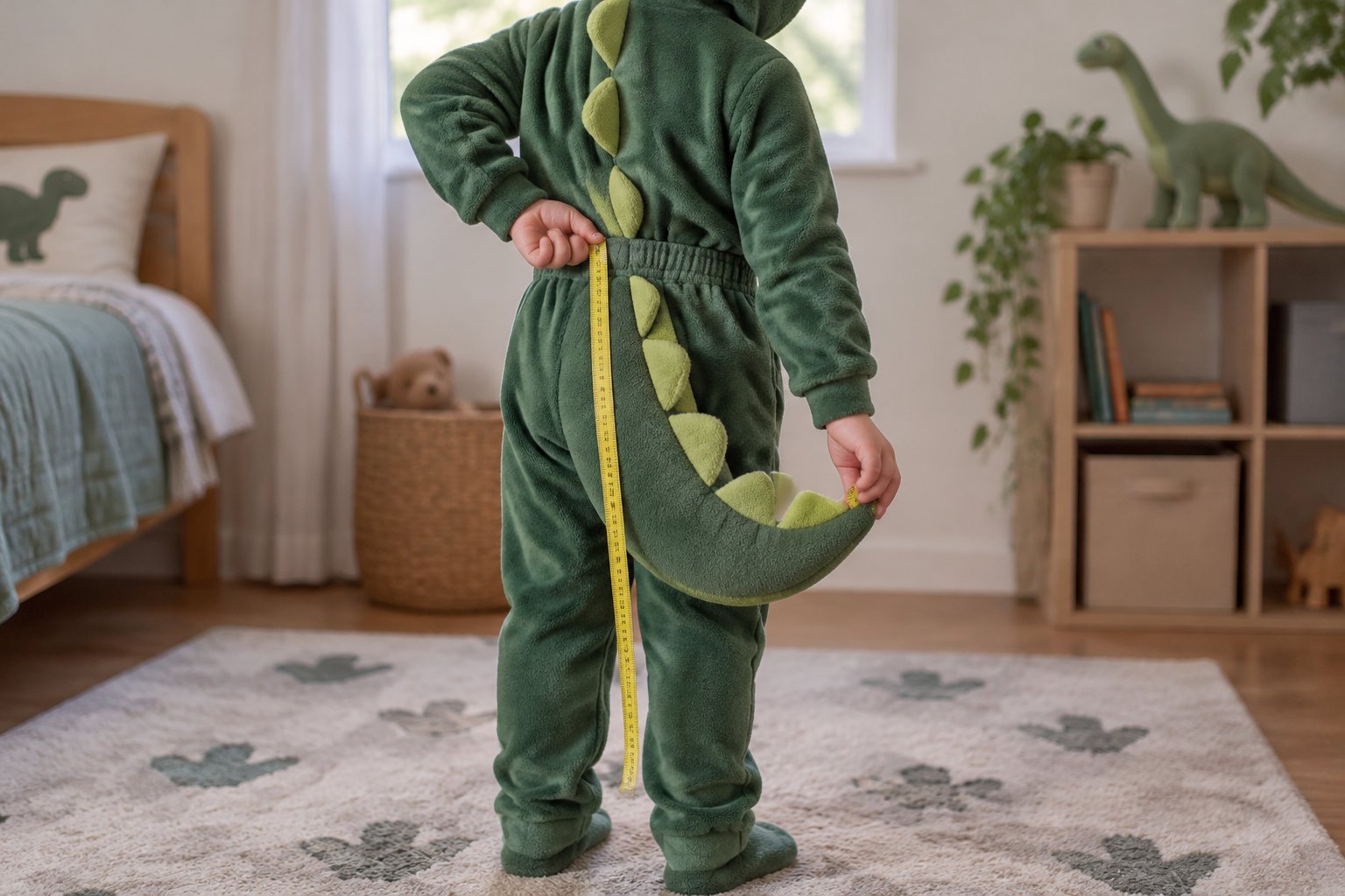 Un enfant vêtu d’un pyjama vert à queue de dinosaure tient un mètre ruban jaune dans une chambre décorée de motifs de dinosaures.