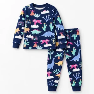 Pyjama dinosaure fille à manches longues, ensemble deux pièces bleu marine avec motifs colorés de dinosaures, haut et pantalon