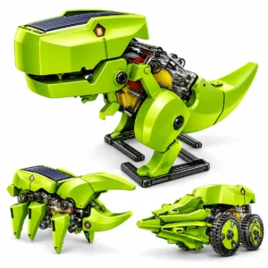 Robot dinosaure solaire STEM vert en kit de construction, avec panneau solaire, engrenages mécaniques visibles et trois modèles assemblés, rendu 3D réaliste sur fond blanc.