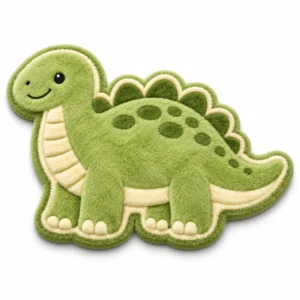 Tapis dinosaure vert en peluche douce et moelleuse, motif 3D avec taches vert foncé et détails crème, idéal pour décorer une chambre d'enfant.