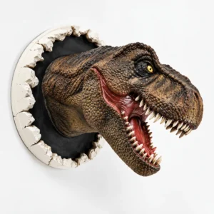 Trophée mural dinosaure T-Rex en latex mousse 3D réaliste, tête de tyrannosaure marron rugissant avec dents acérées, décoration murale effet dinosaure traversant le mur.