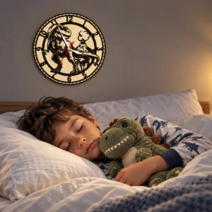 Enfant dormant paisiblement avec une horloge en bois dinosaure